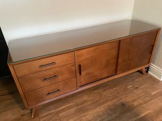 Mid Century Modern Storage Cabinet, Buffet Or Media TV Stand With Custom Glass Top (Like New, Excellent Condition) Price Is Firm