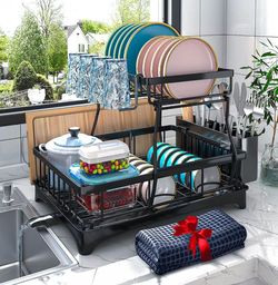 2-Tier Black Metal Dish Drying Rack