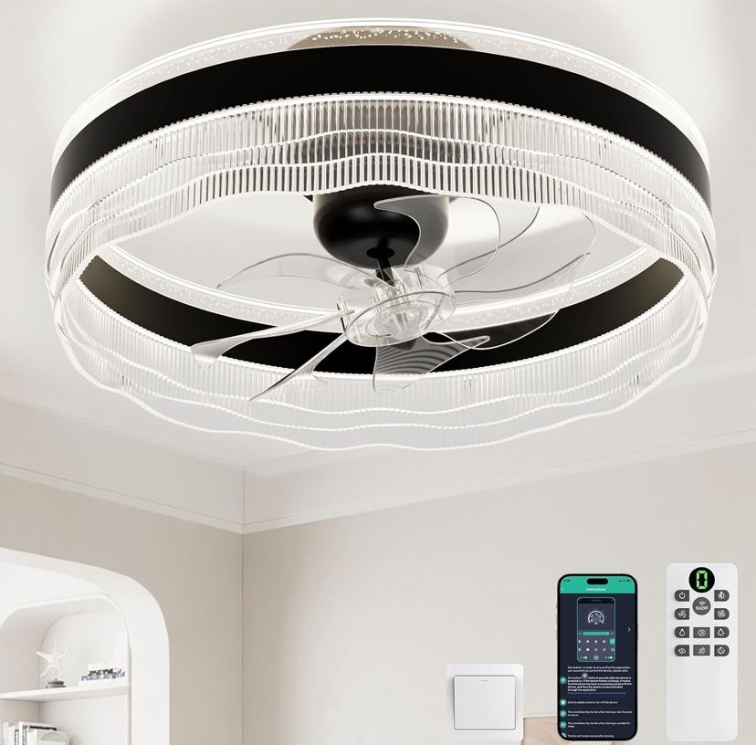 Smart Ceiling Fan Light – Black Finish with Ridged Acrylic Drum