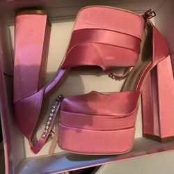 Brand New Sparkly Wrap Heel Pink Satin Platform Heels