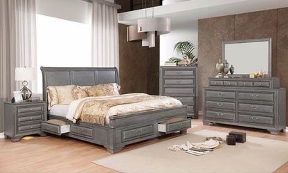 Brand New 4 PC Grey Wood Bedroom Set with Storage Drawers