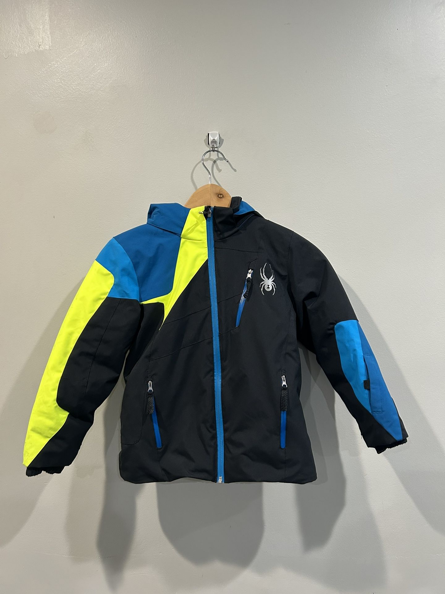 Spyder Boys Ski Jacket Small to Tall Blue Yellow Hooded Size 7