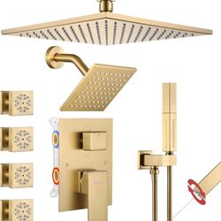 Shower Faucet Set Brushed Gold Shower System,Four Modes Shower Faucet with 2 in 1 Handheld,Ceiling Mount 10 Inch Shower Head with 6 Inch Wall Mount Sh