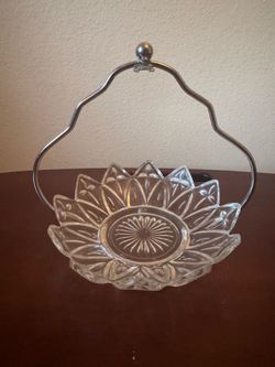 Vintage Condiment Glass Flower Dish with Metal Handle