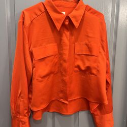 Orange Silk Crop Button Up Top
