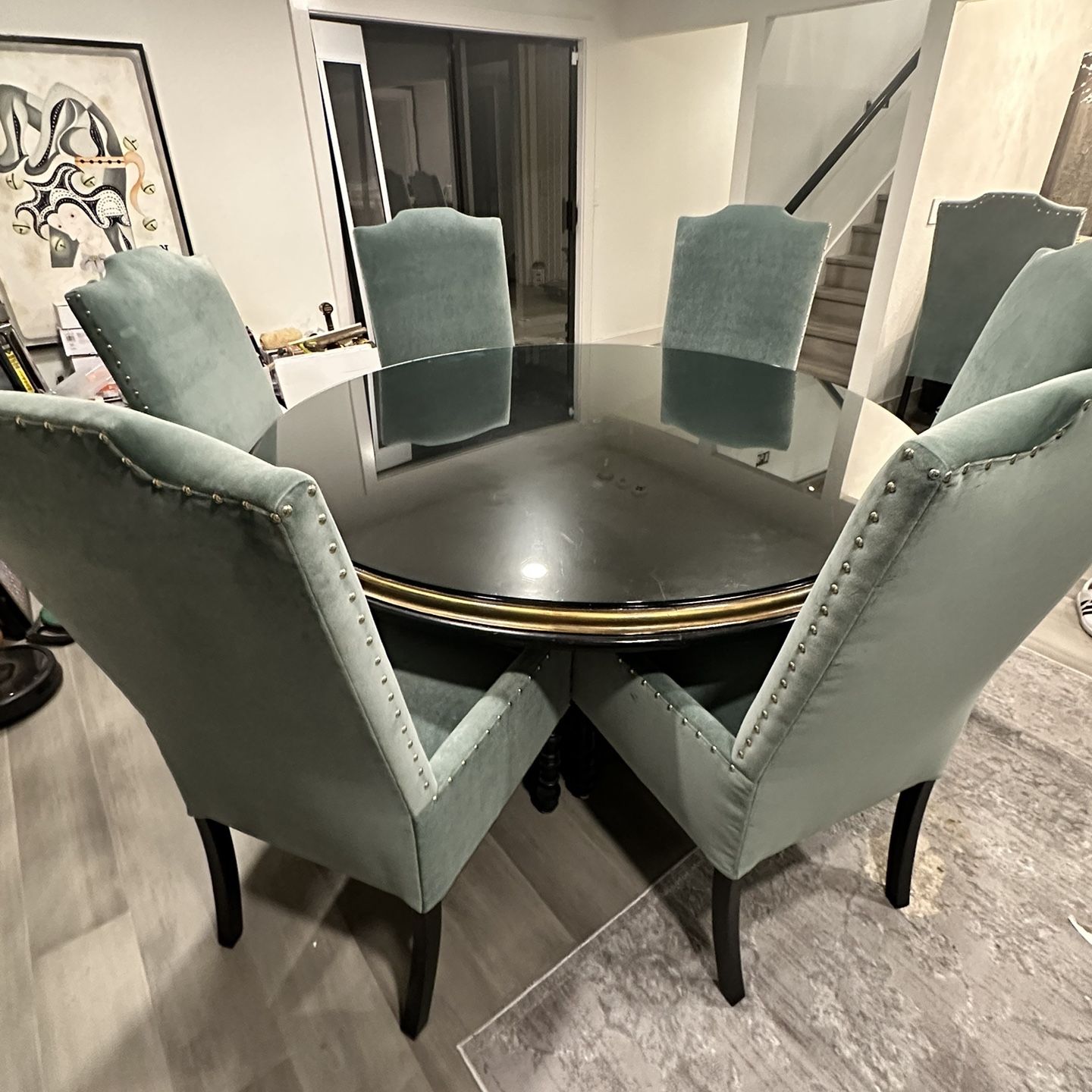 Custom 6ft Dining Table With 8 Custom Made Dining Armchairs With Glass Table Top