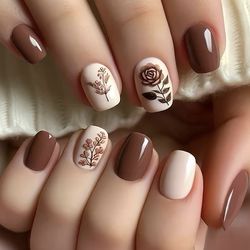 Brand New 24pcs Brown with Glossy Rose Design Press-On Nails