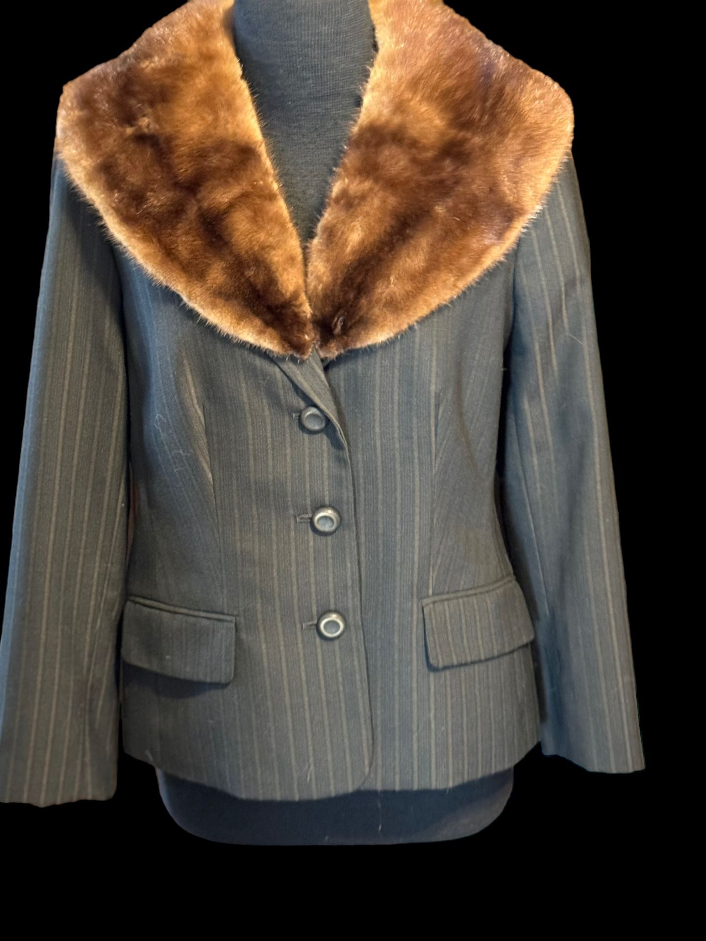 Vintage 80's Upcycled Pin Stripe Suit With Mink Collar 