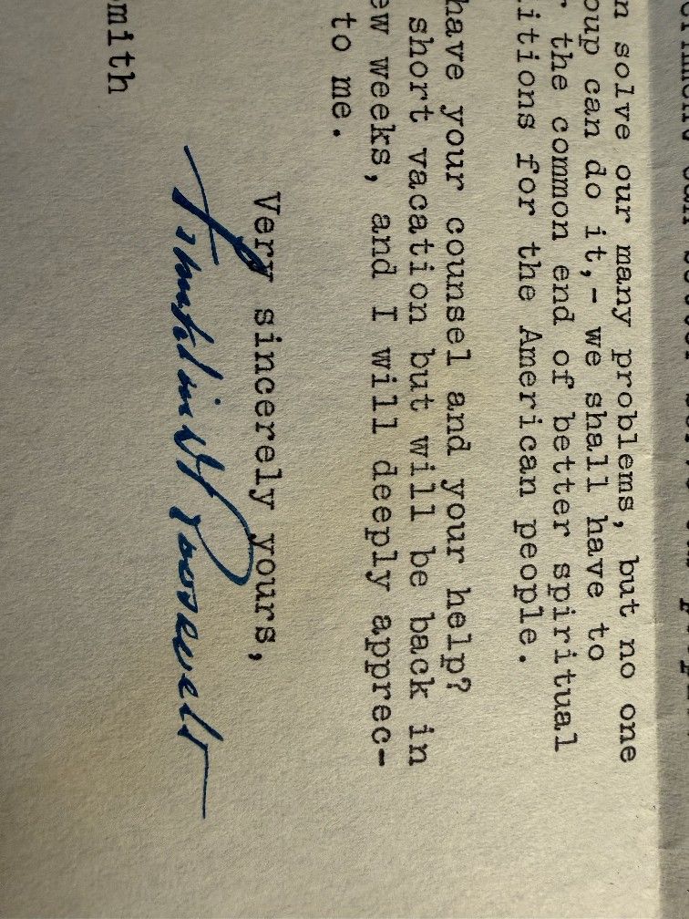 Franklin D Roosevelt Signed White House Letter