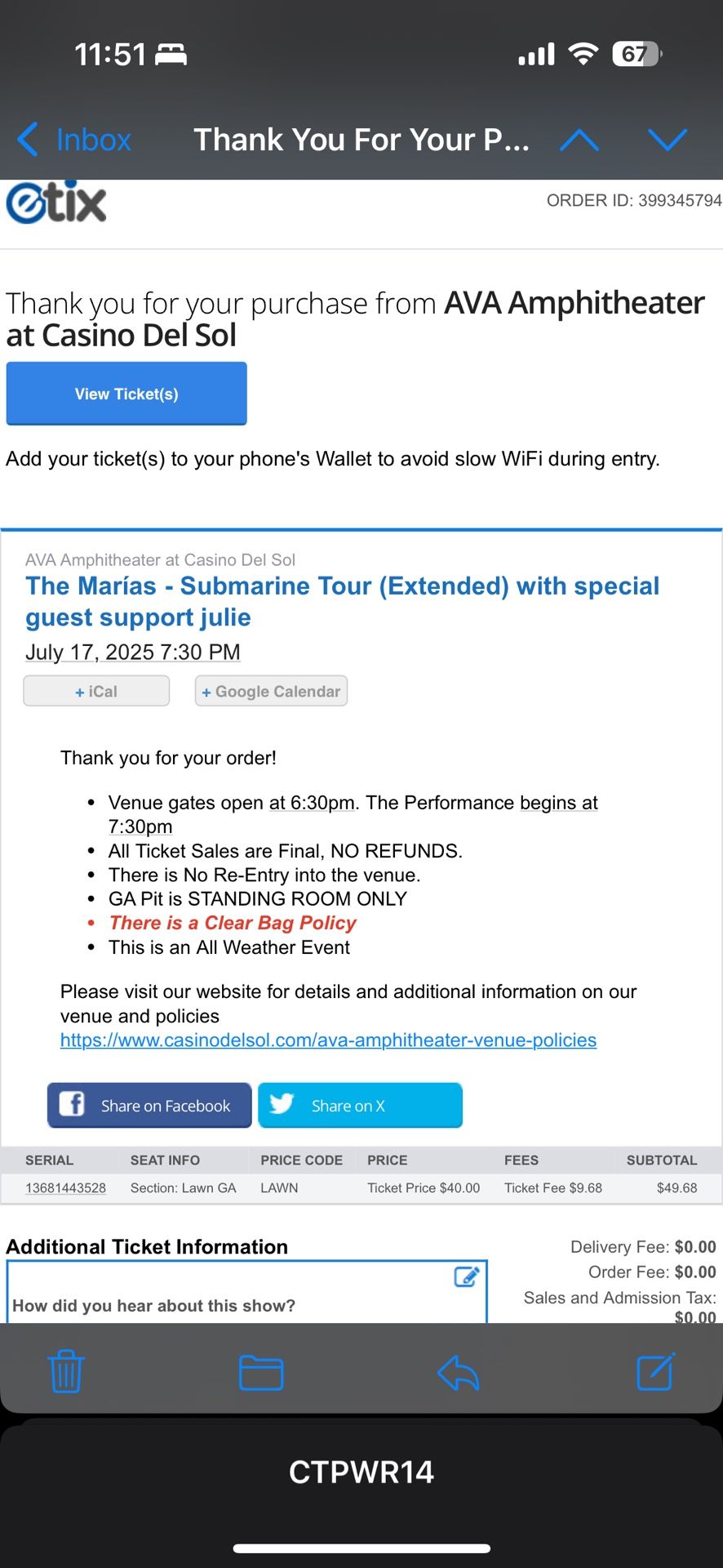 1 Marias July 17th Tucson AZ Ticket