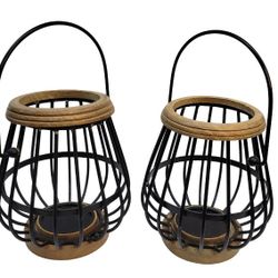 A Pair Of Decorative 10"×9" Outdoor/Indoor Lantern. Black Iron Lattice Frame & Wood Accents.