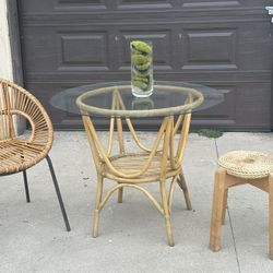 Vintage Bamboo  Dining Or Patio Table With Chair Snd Stool: Plant Stand 