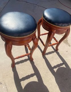 Pair of Wood Bar Stools with Leather Seats