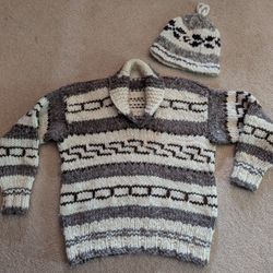 Vintage 100% Wool Cowichan Pullover Sweater With Hat