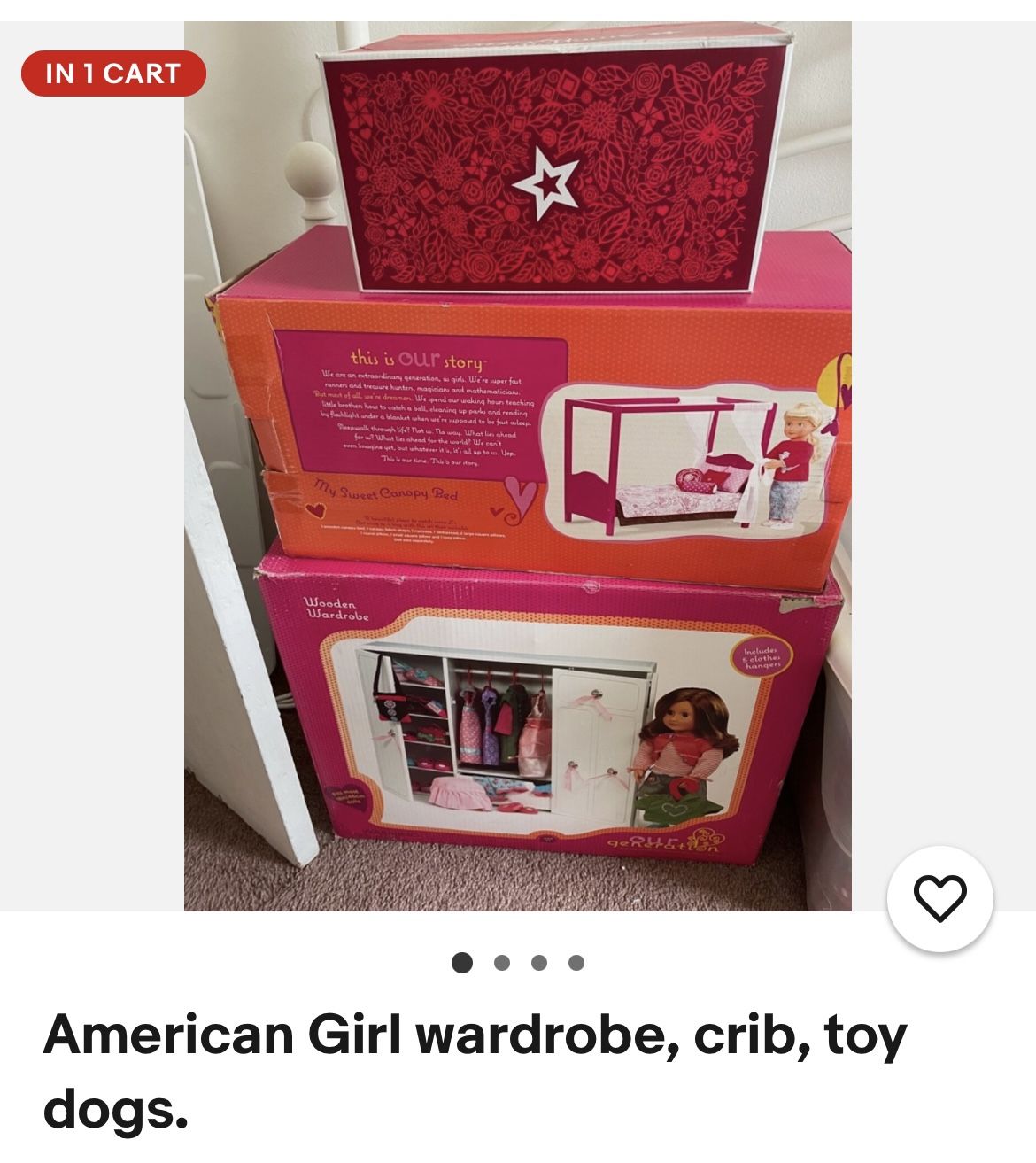 American Girl wardrobe, crib, toy, dogs toys
