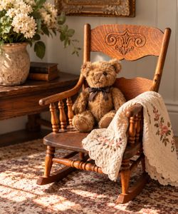 Vintage Children’s antique Ornate Crest oak rocking chair Nursery Display Cottagecore Small Wooden