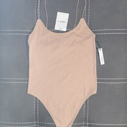 New Forever 21 Bodysuit Thong Medium Large M/L Seamless Beige Ribbed Stretchy