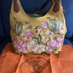 Sharif Mustard Yellow Brown Embroidered Butterfly Hobo Shoulder Handbag Purse