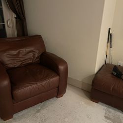 Brown Leather Chair + Ottoman