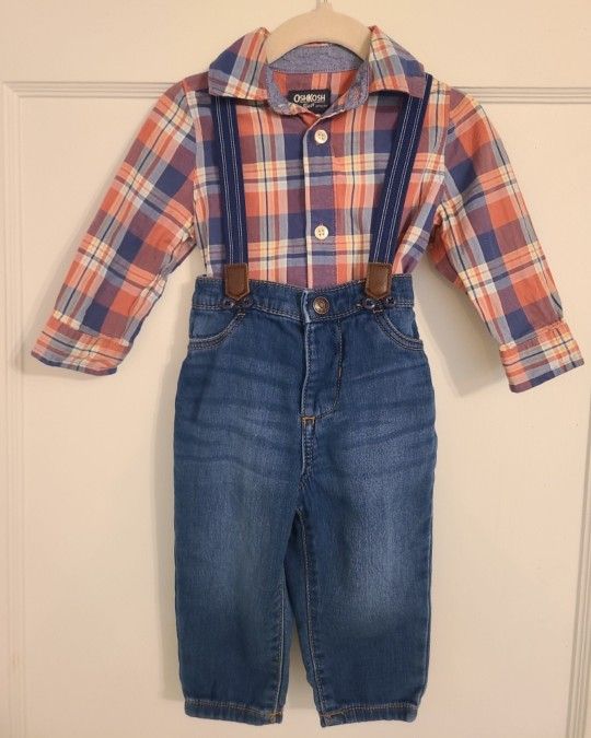 Oshkosh Baby Boys Long Sleeve Bodysuit and denim jean with suspenders