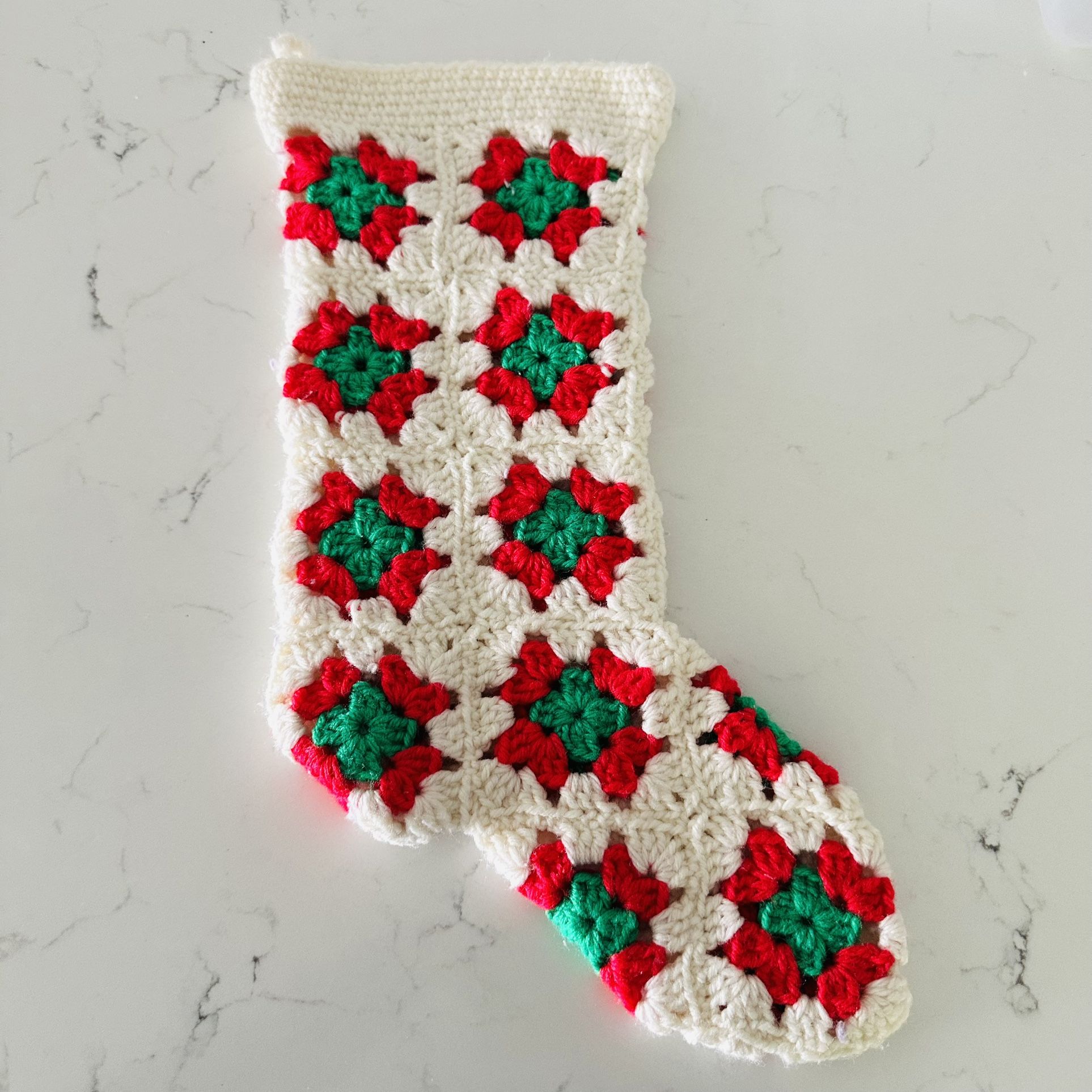 Vintage Handmade Granny Square Christmas stocking with loop for hanging. 16” long