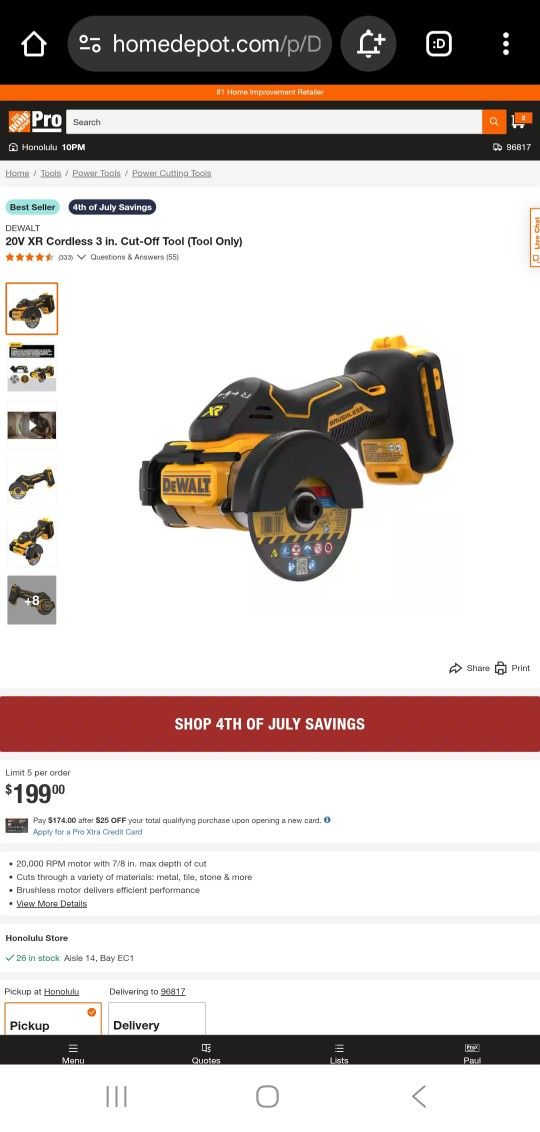 Dewalt 20V MAX XR Brushless 3 in Cut-Off Tool