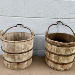  2 Antique European Wooden and Wrought Iron Bucket