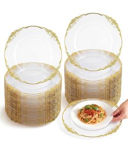 Havawish 50 Pcs 13 Inch Clear Charger Plates with Gold Edge Bulk Sturdy Acrylic Baroque Dinner Plates with Elegant Embossed Edge, for Wedding, Banquet