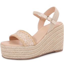 Women's Raffia Strap Espadrille Wedge Sandals - Ankle Buckle Platform Wedges Open Toe Summer Beach Casual Shoes（size 6）