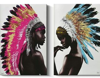 Brand new, 2 Piece Framed Native American Decor Wall Art, Feathered African Indian Women Painting Canvas Print Modern Wall Decorations 24x36 inch