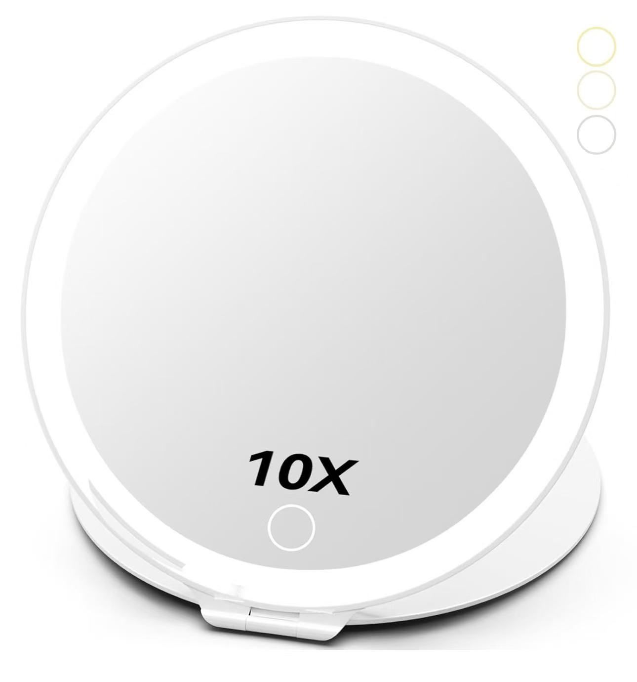 Large 10X Magnification 7 Inch Rechargeable Travel Makeup Mirror, Portable Vanity Mirror with 80 LED Lights, 3 Color Lighting and Dimmable Touch Scree