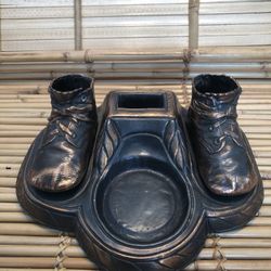 Antique Bronzed Baby Shoes on Base for Vanity Desk Organizer