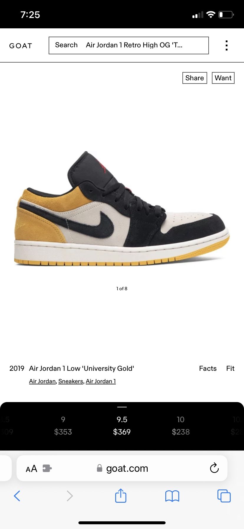 Jordan 1 Low University Gold Size 9.5