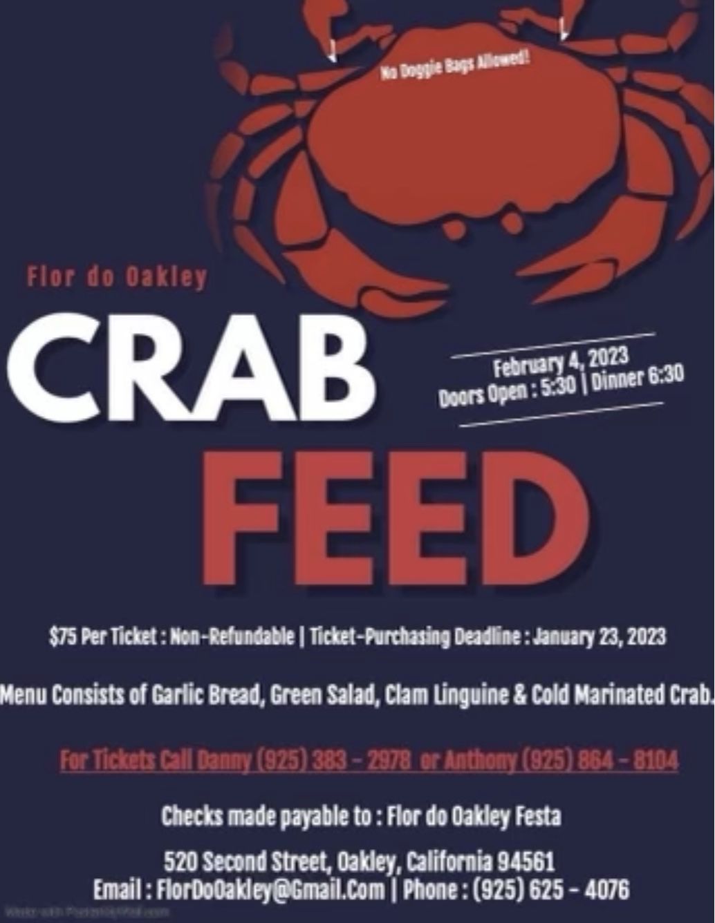 Crab Feed ticket tonight 2/4 Oakley ca $75
