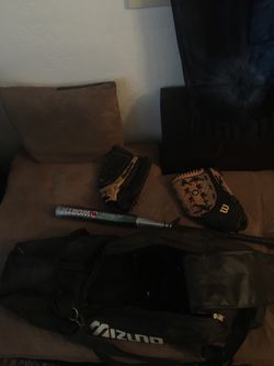 Softball gloves, bat, and bag