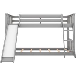 Twin Over Twin Bunk Bed with Slide and Ladder, Wood Low Bunk Bed for Kids,Gray