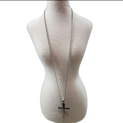 Silver Toned Long Strand Cross Pendant Necklace