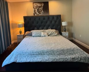 King Size Upholstered Bed Frame with Tall Tufted Headboard