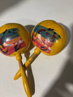 Hand-Painted Mexico Wooden Maracas Pair