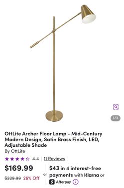 OttLite Archer Floor Lamp mid-century modern design satin brass LED adjustable shade