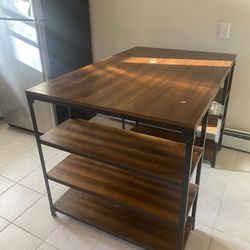 Brown Multi Functional Kitchen/Living Room Table with 2 Cushioned Stool Seats. 6 Shelves That Are Removable And Reattachable At Your Choosing