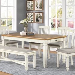 6 PIECE FARMHOUSE TWO TONE DINING TABLE SET CHAIRS BENCH | COMEDOR MESA SILLAS