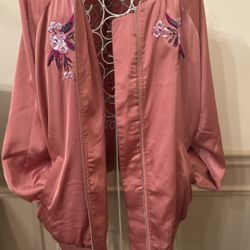 Floral Embroidered Pink Bomber Jacket