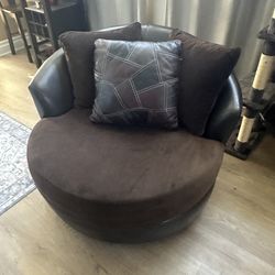 Swivel Dark Brown Leather Chair + Pillows