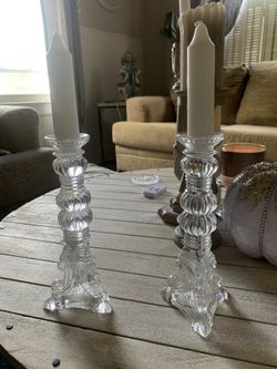 Set of two crystal candle holders very heavy perfect condition