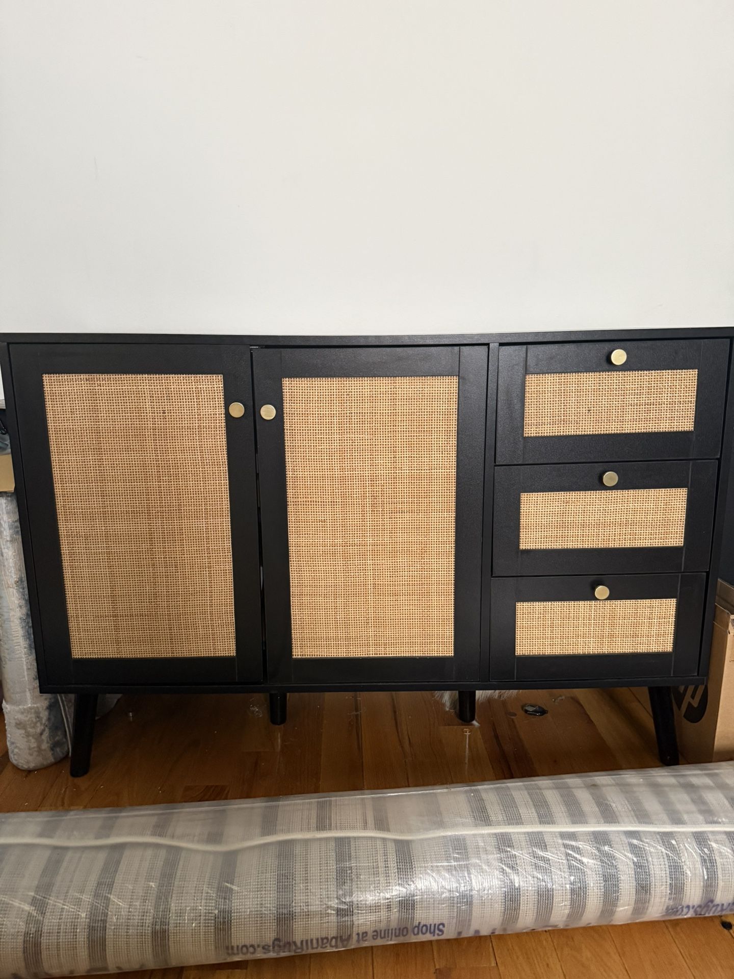 Black and Rattan Buffet Storage Cabinet 2 Doors 3 Drawers