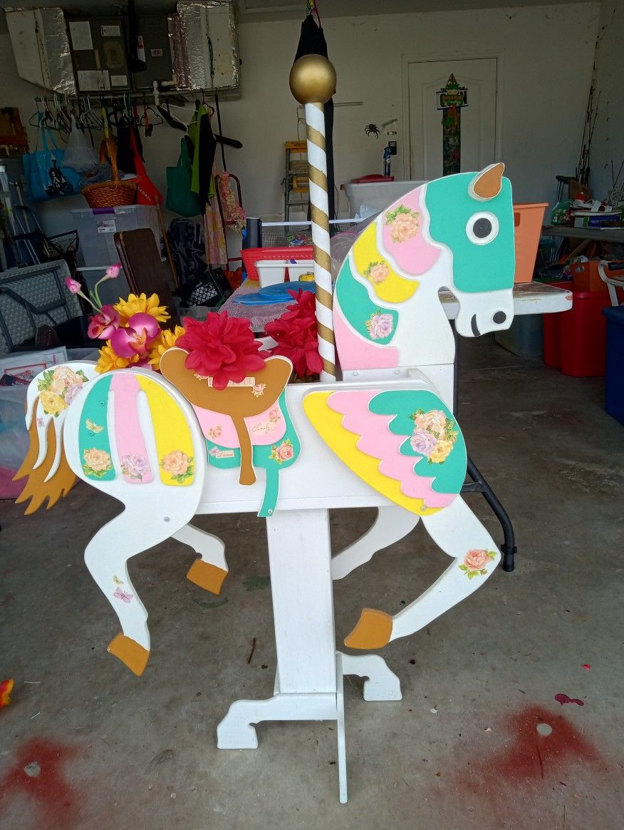 Beautiful Carousel Handcrafted Wooden Horse Planter. Unique. Big & Beautiful!