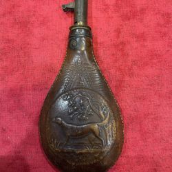 Antique Leather Powder Hunting Dog AM Flask & Cap Co #221015