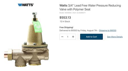 Watts 3/4" Lead Free Water Pressure Reducing Valve with Polymer Seat 25-75 PSI