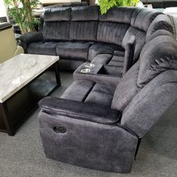 Brand New 119" x 99" Blue Gray Manual Reclining Sectional